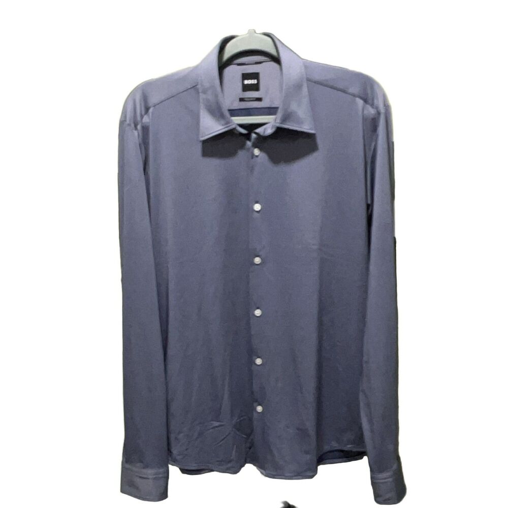 BOSS Performance Regular Fit Long Sleeve Button-Up Shirt Blue M Stretch